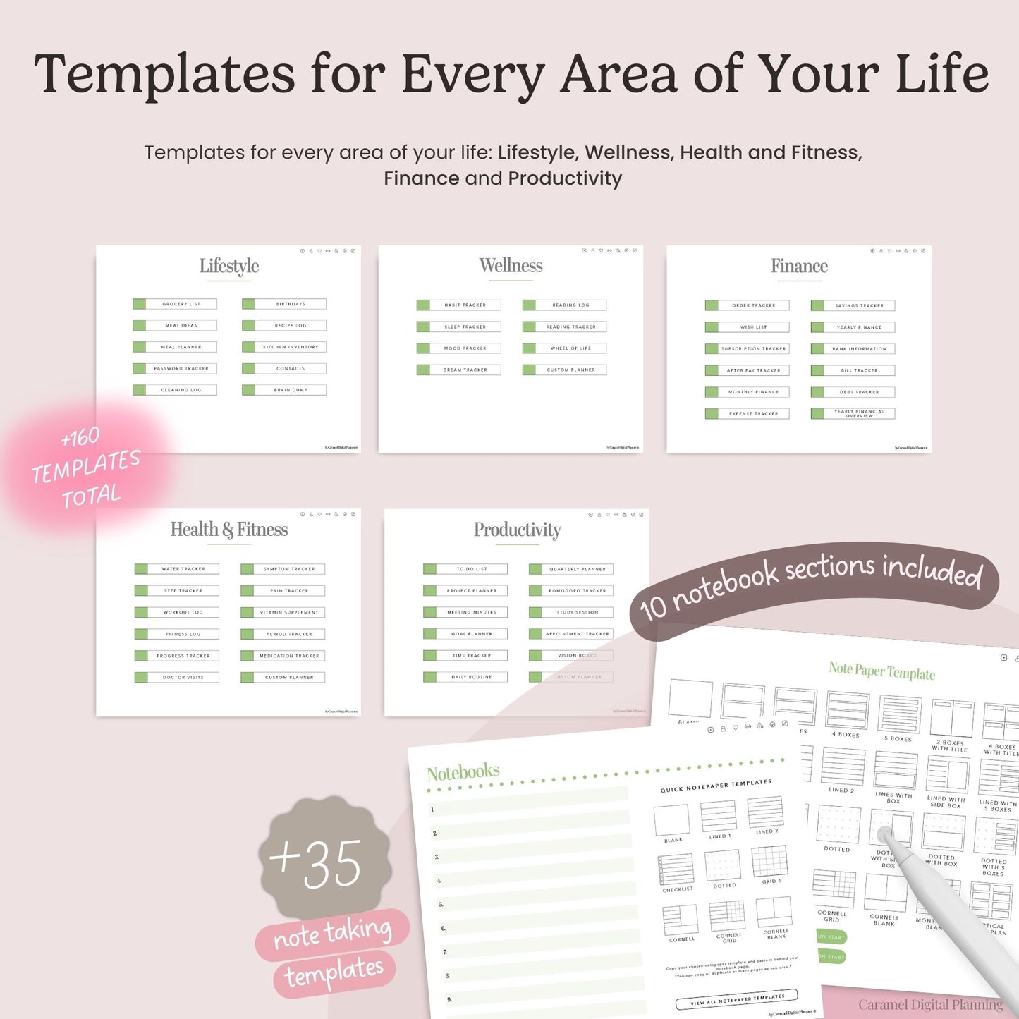 lifestyle templates, wellness templates, finance templates, health and fitness templates and productivity templates, digital notebook, digital planner for ipad