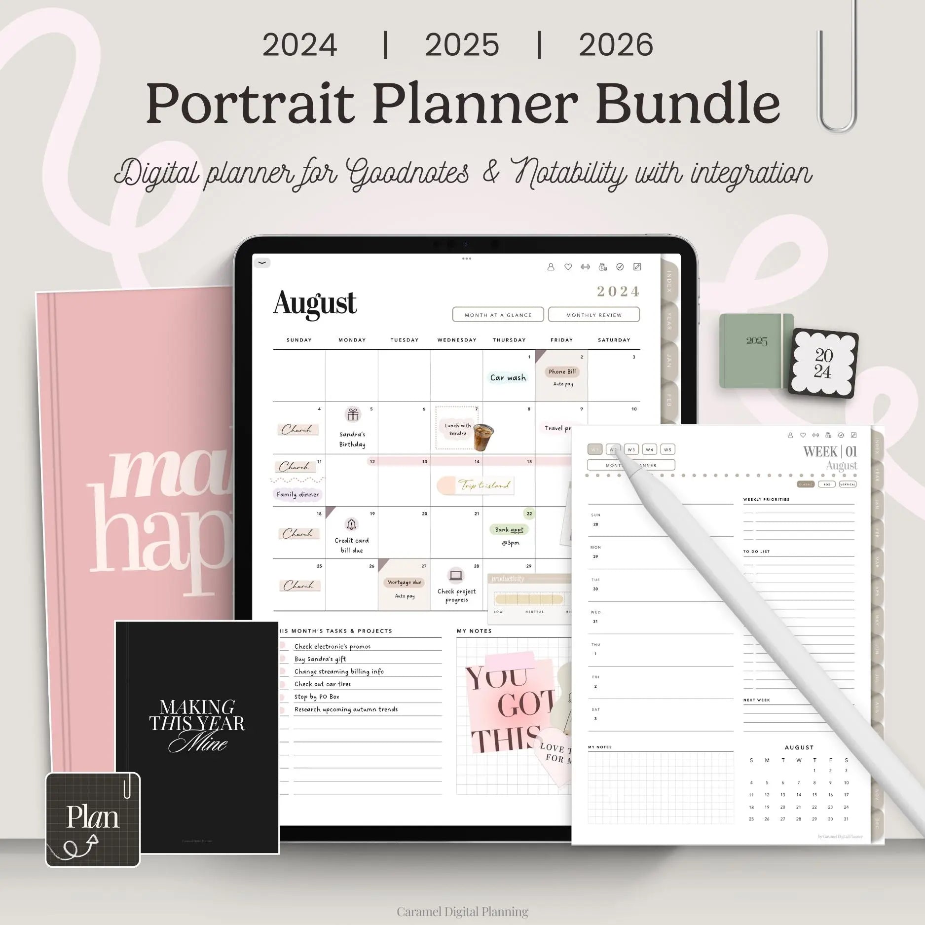 Portrait DigitalPlanner Bundle - 2024, 2025 & 2026 - Digital Planning, Digital Planner for Goodnotes